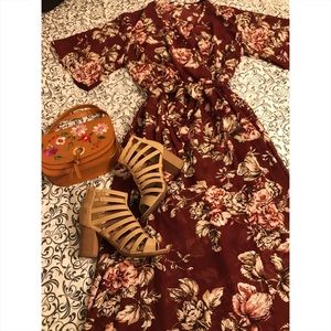 BURGUNDY FLORAL DRESS WITH BELL SLEEVE